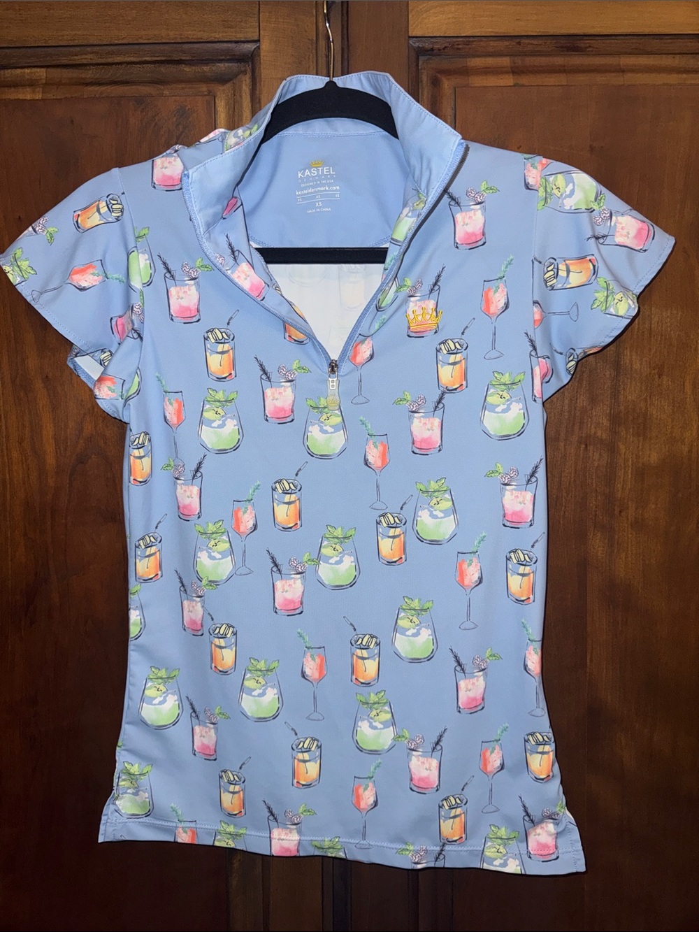 Kastel Denmark Summer Cocktail Light Blue 1/4 Zip Flutter Sleeve Top Size XS.